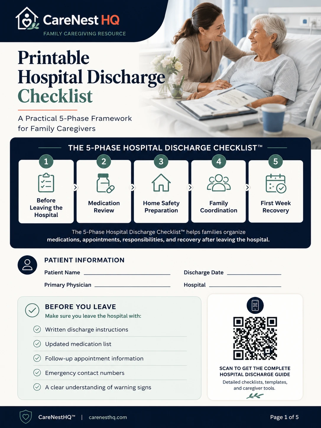 CareNestHQ Printable Hospital Discharge Checklist PDF cover