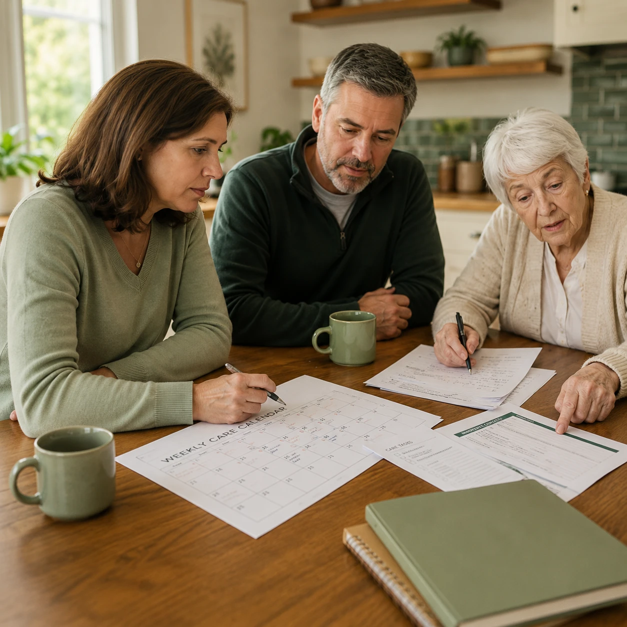 Adult siblings and an older parent at a kitchen table organizing weekly family care after hospital discharge