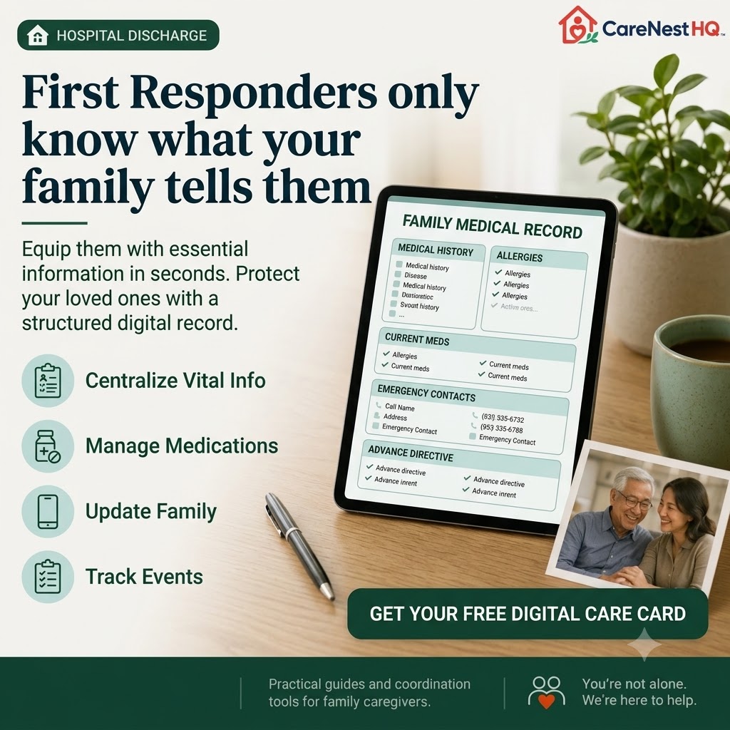 Family caregiver reviewing an emergency medical information card with medications, allergies, and emergency contacts on a tablet at home