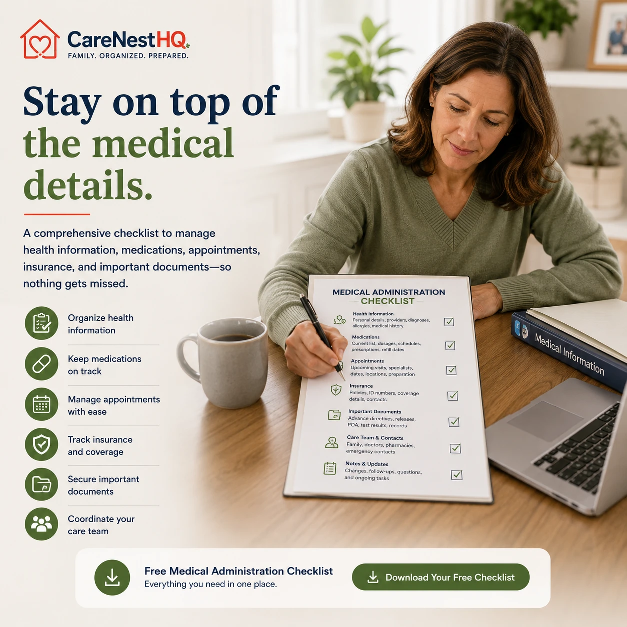 Family caregiver reviewing a weekly medical administration checklist with organized health information and care planning documents.