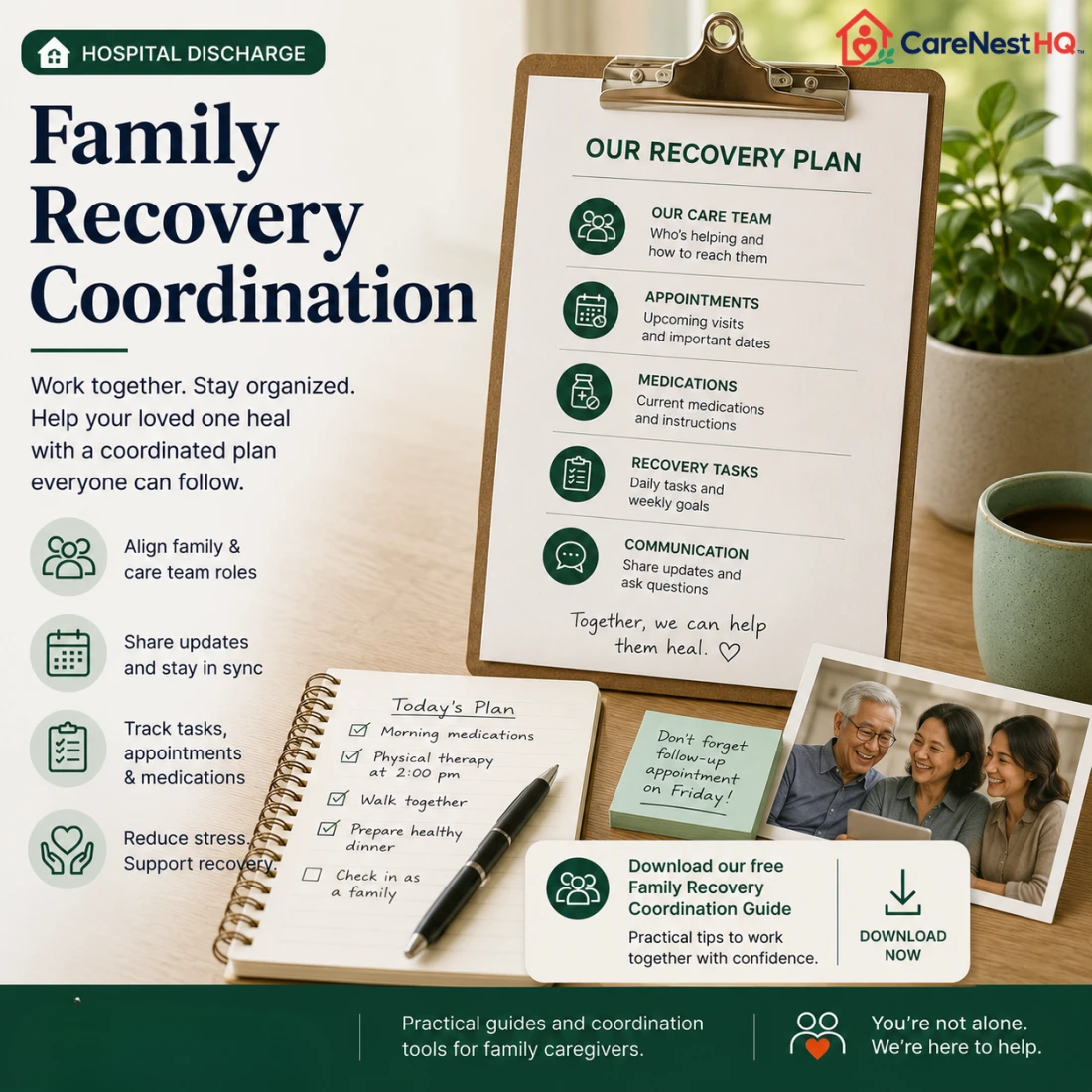 Family members coordinating hospital discharge care responsibilities together at home.