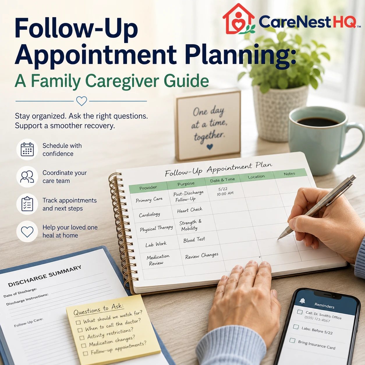 Adult daughter and parent reviewing a follow-up appointment calendar together at a kitchen table after hospital discharge