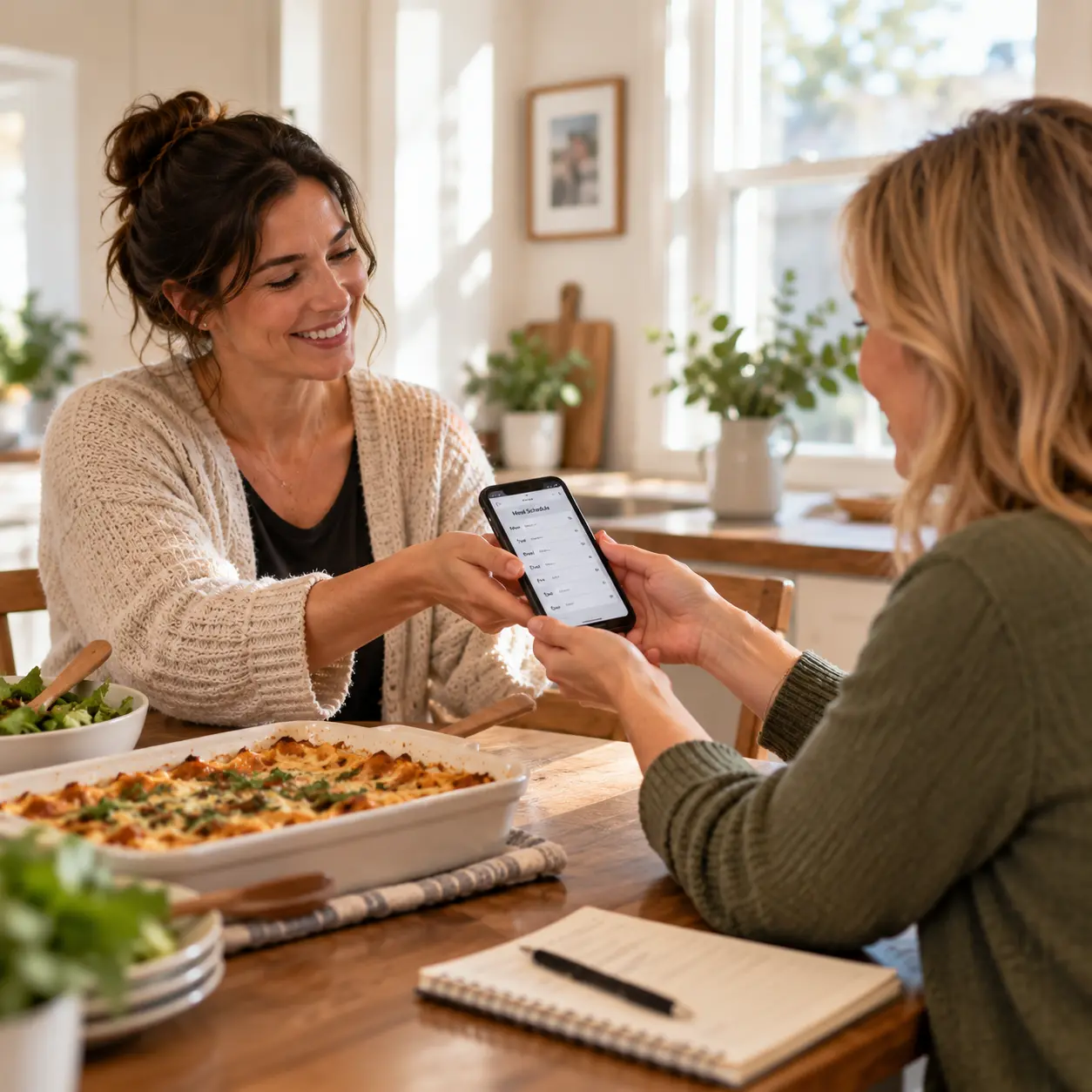 Two people handing off a meal schedule while coordinating meals at a kitchen table