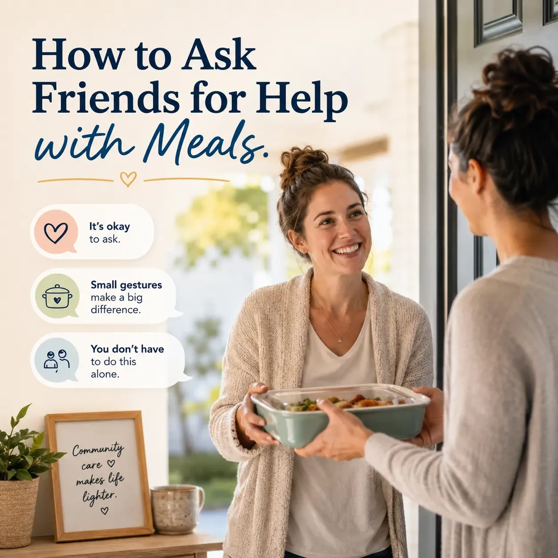 A friend hands a covered dish to someone at a front door. The image includes the title How to Ask Friends for Help with Meals.