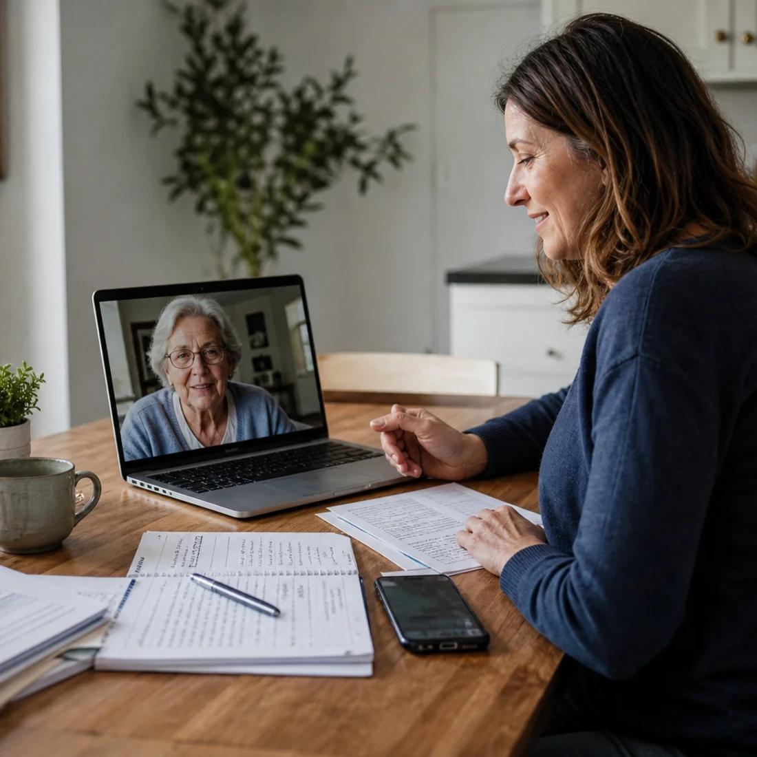 Long-distance caregiver coordinating hospital discharge recovery from home with care notes, phone, and family communication.