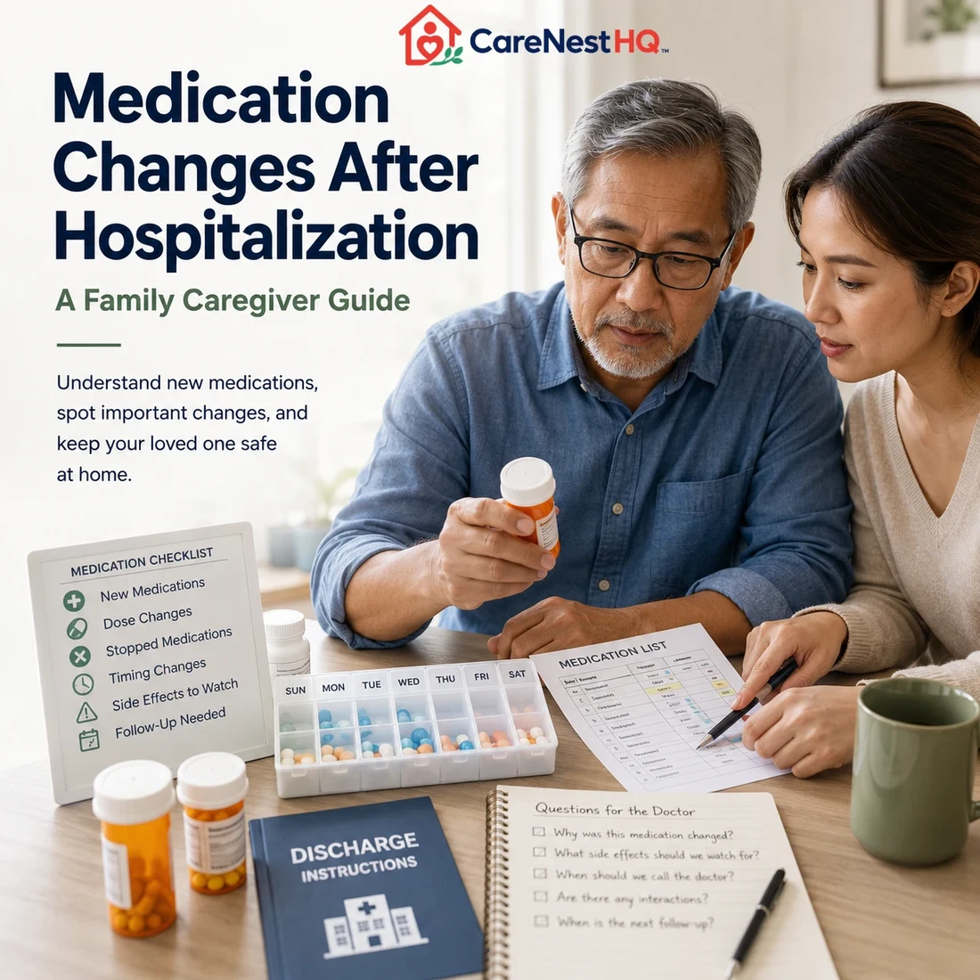 Family caregivers reviewing medication lists together after hospital discharge to prevent dosing errors at home.