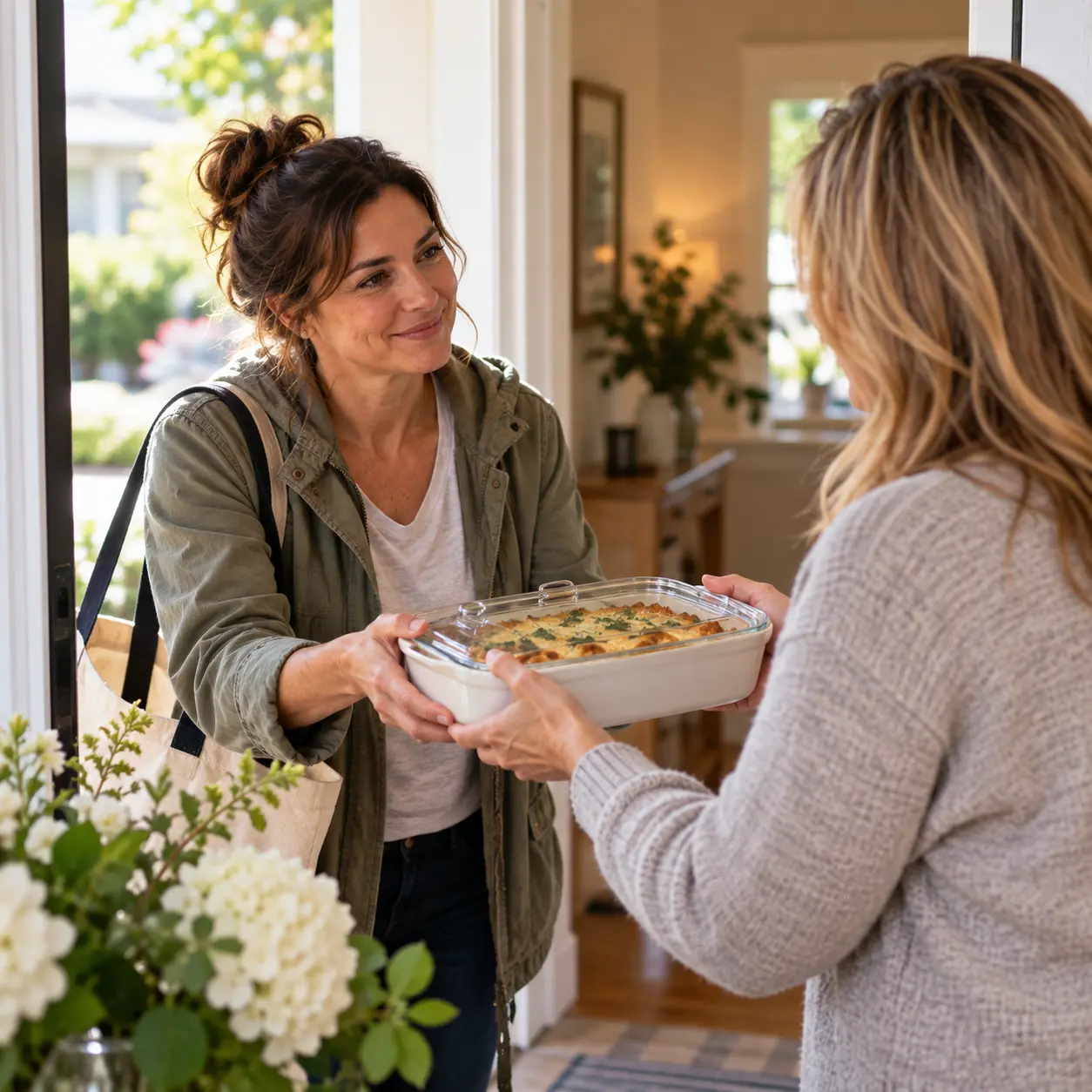 Neighbor delivering a prepared meal to a woman at home