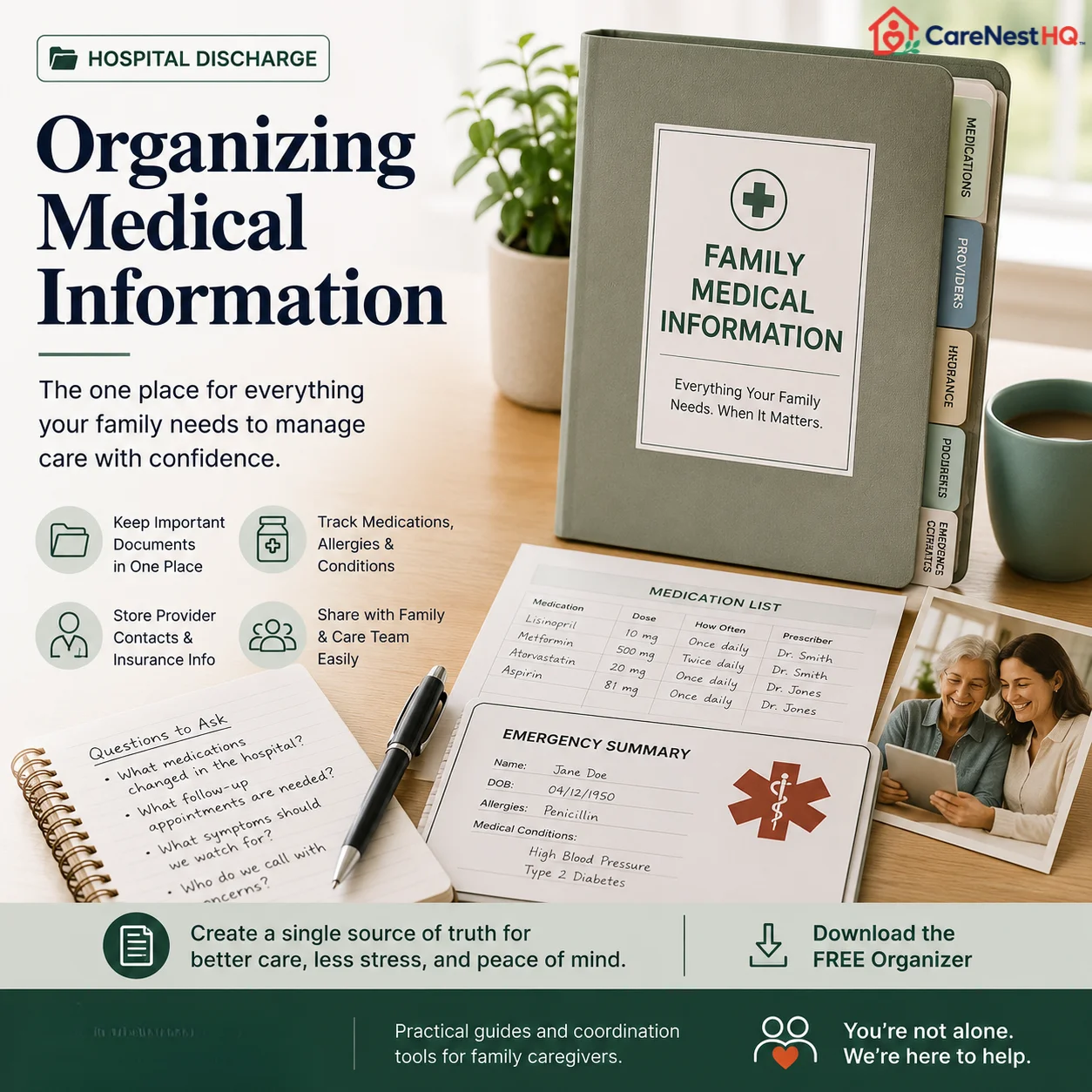 Family caregiver organizing medical documents and discharge paperwork at a kitchen table after hospital discharge.