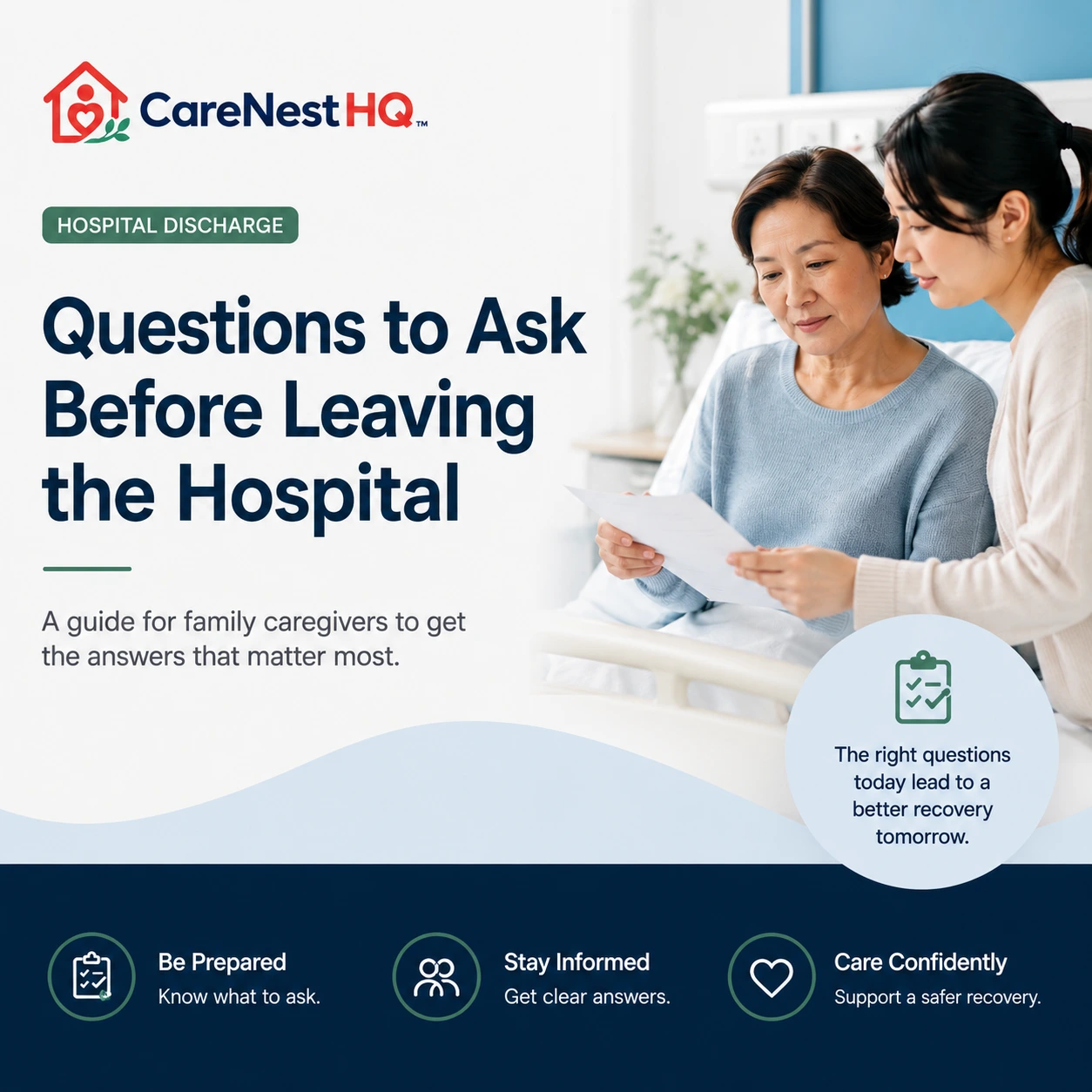 Family caregiver reviewing hospital discharge instructions with an older parent before leaving the hospital.