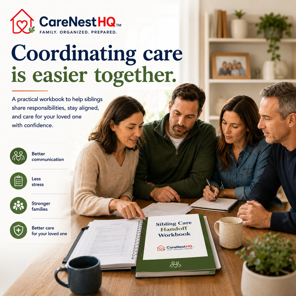 Adult siblings gathered at a kitchen table with a calendar, medication list, and notebook while one sibling leads a family care conversation