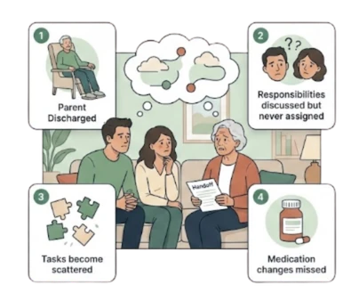 Why Families Drift Apart timeline showing how caregiving responsibilities become scattered when families do not have a shared care coordination process.