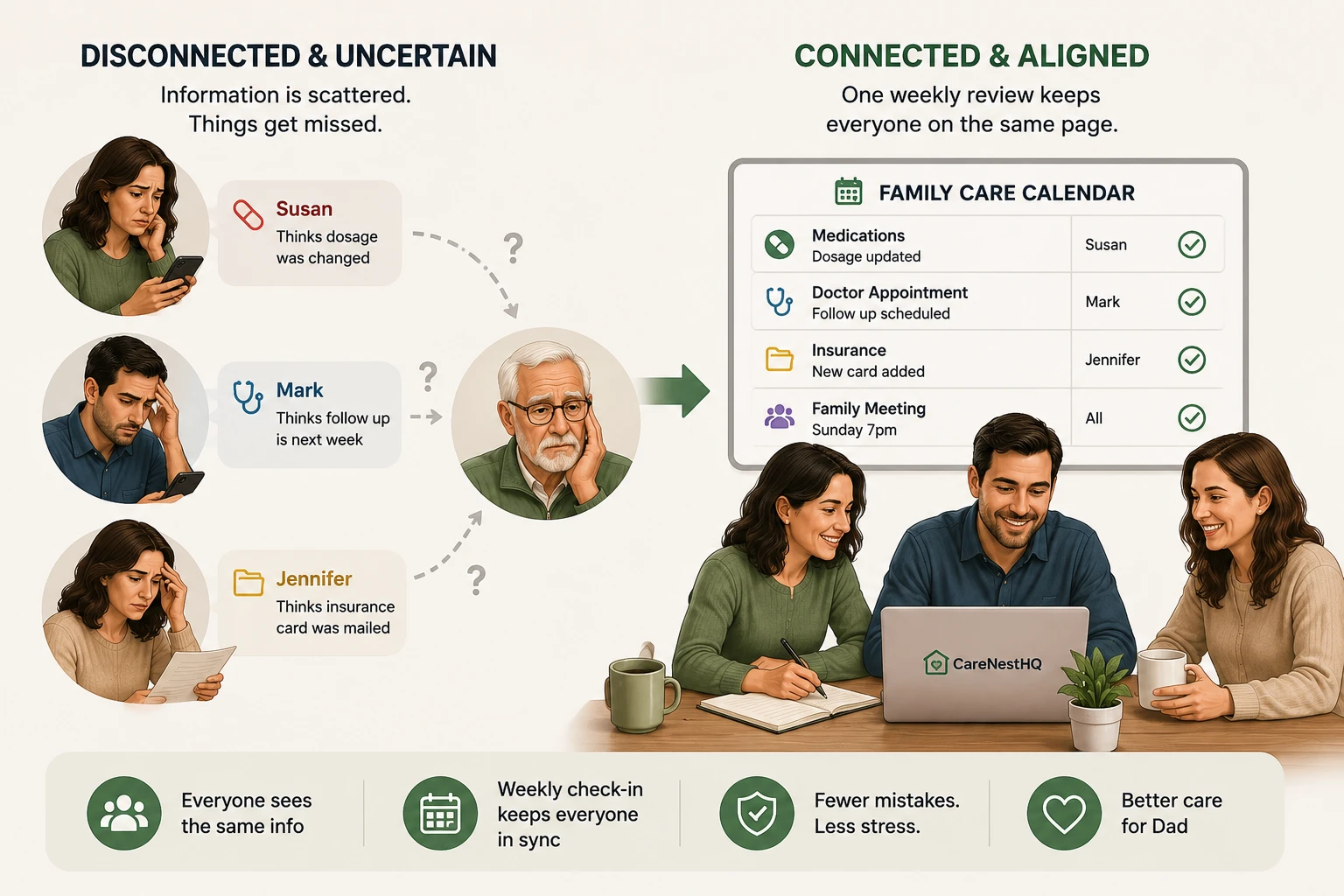 Illustration showing how scattered communication between family caregivers leads to confusion, while a shared weekly family review keeps everyone aligned around medications, appointments, and important updates.