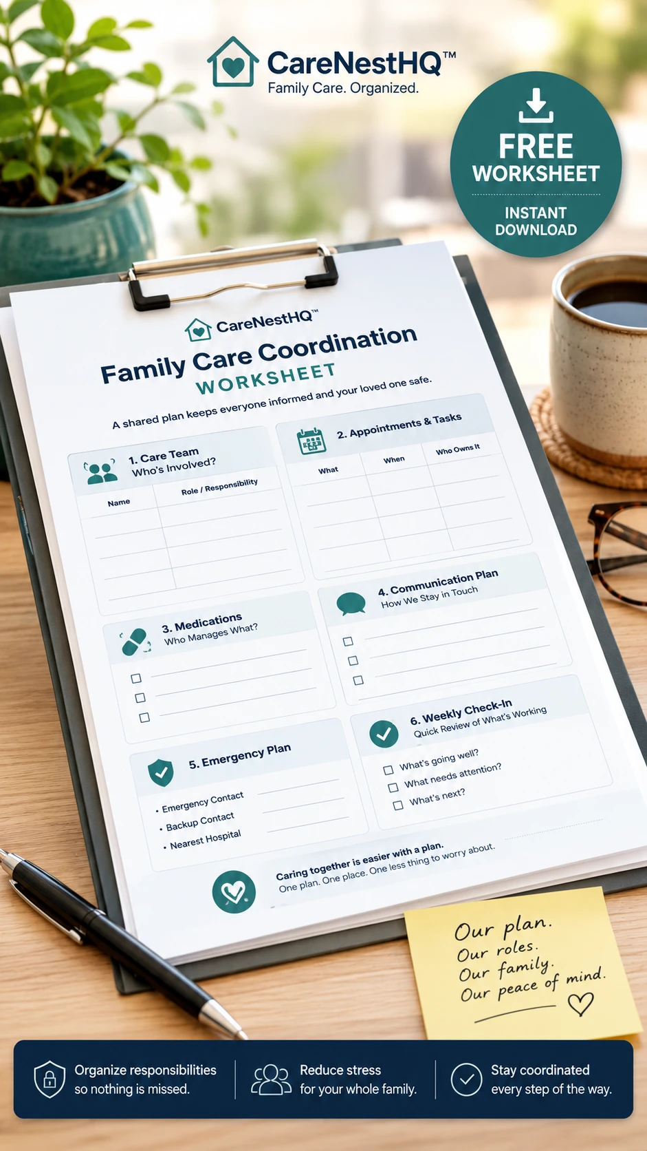 Family Care Coordination Worksheet preview for assigning caregiver roles after hospital discharge