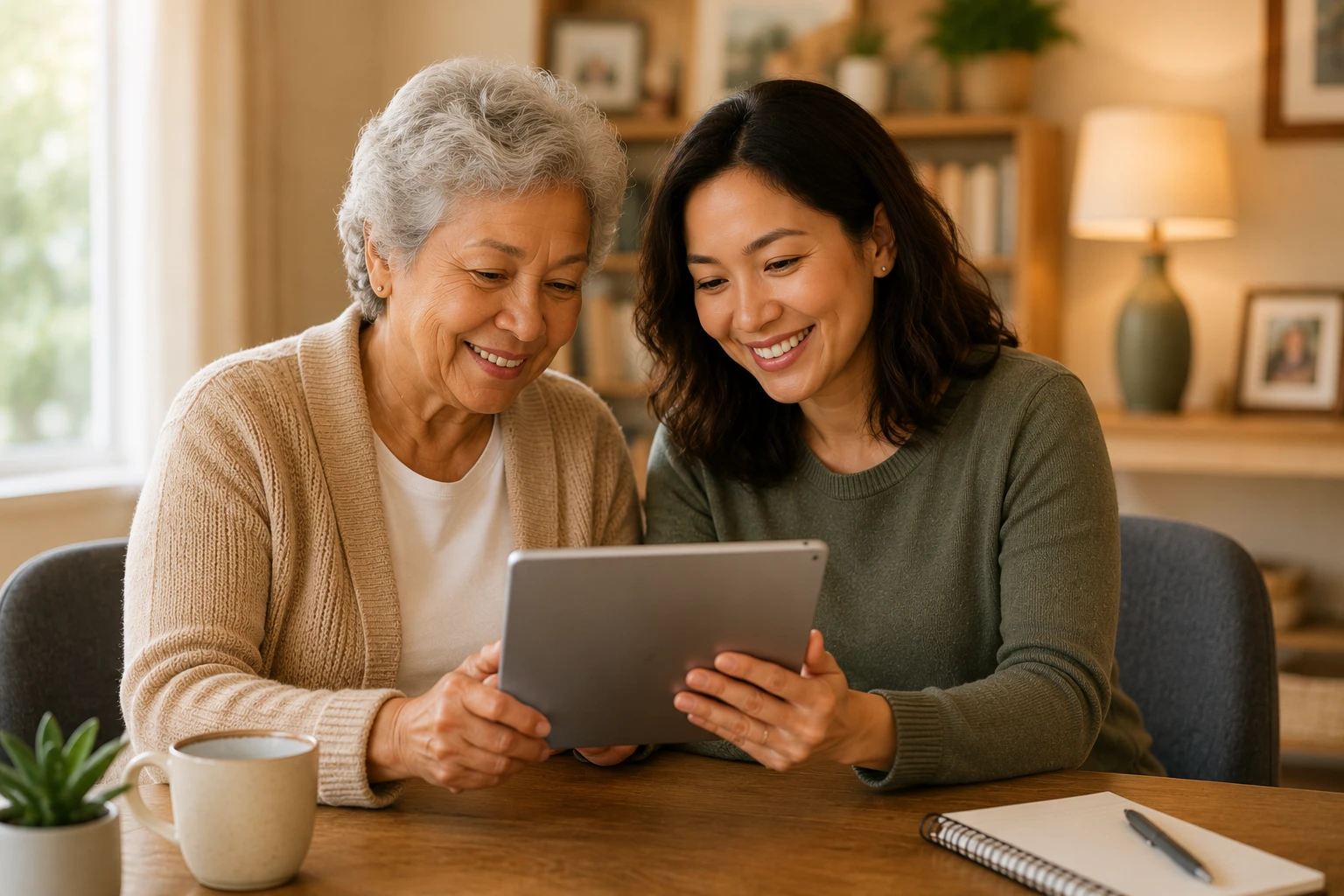 Adult daughter and older mother reviewing care information together while discussing family caregiving.