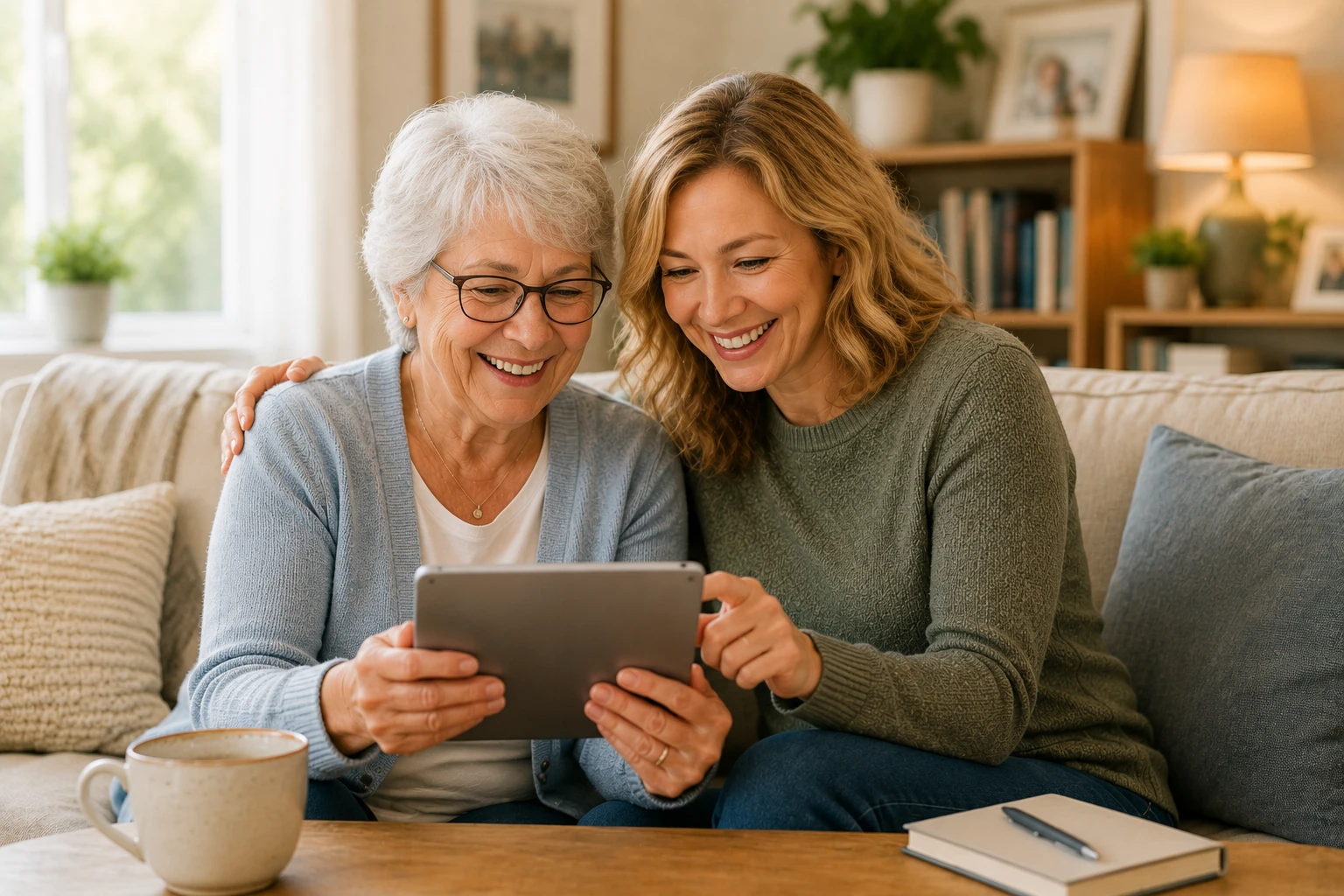 Adult daughter and older father smiling while reviewing caregiving information together.