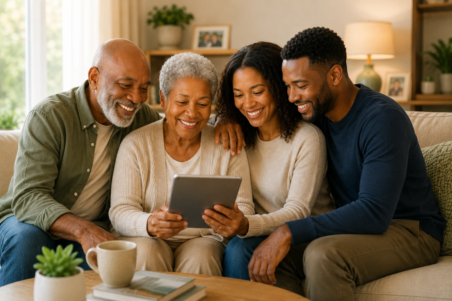 Multi-generational family gathered together at home.