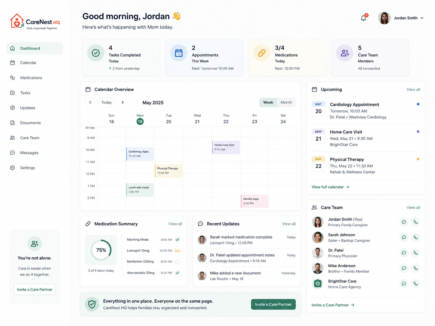 Desktop CareNest HQ caregiving dashboard showing calendar, medications, tasks, appointments, care updates, and family care team coordination