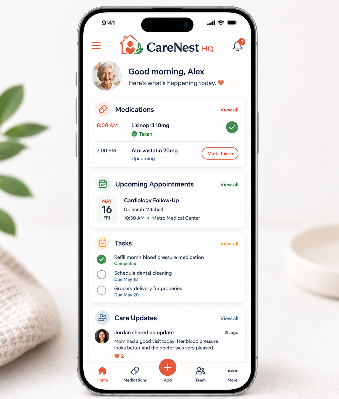 High fidelity CareNest HQ caregiving dashboard showing medications, appointments, tasks, and care updates in a warm mobile interface