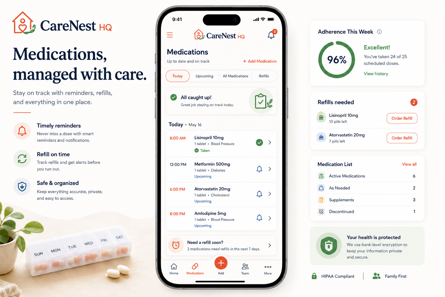 CareNest HQ medication reminders preview showing medication tracking and shared caregiver visibility