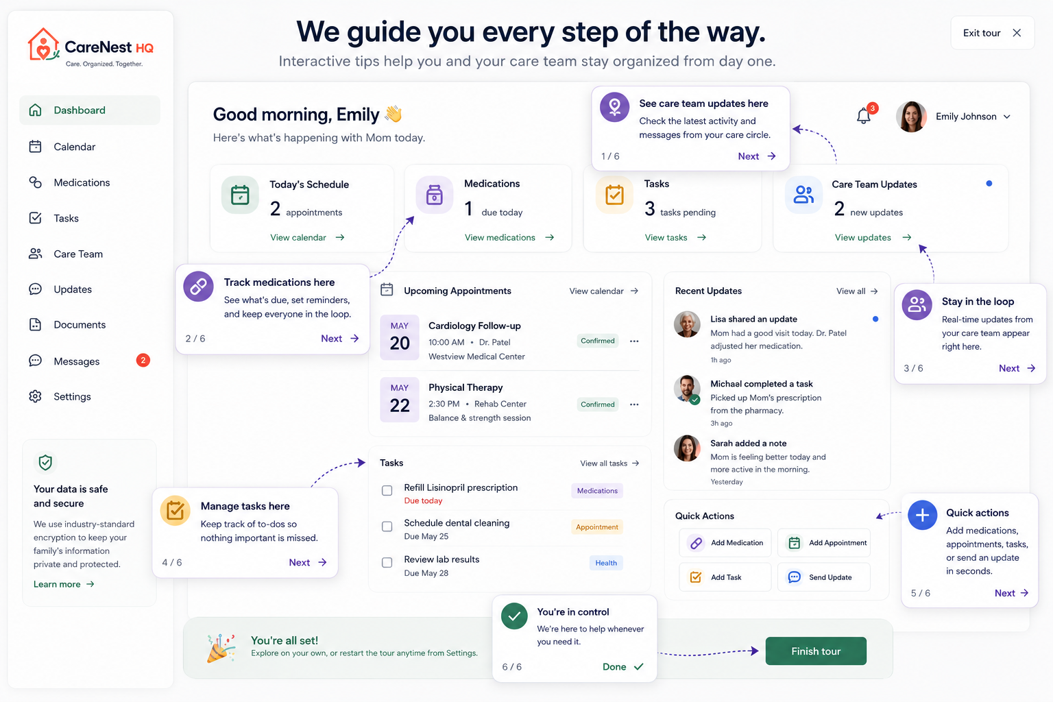 CareNest HQ dashboard with interactive onboarding tooltips explaining medications, appointments, tasks, care updates, and quick actions