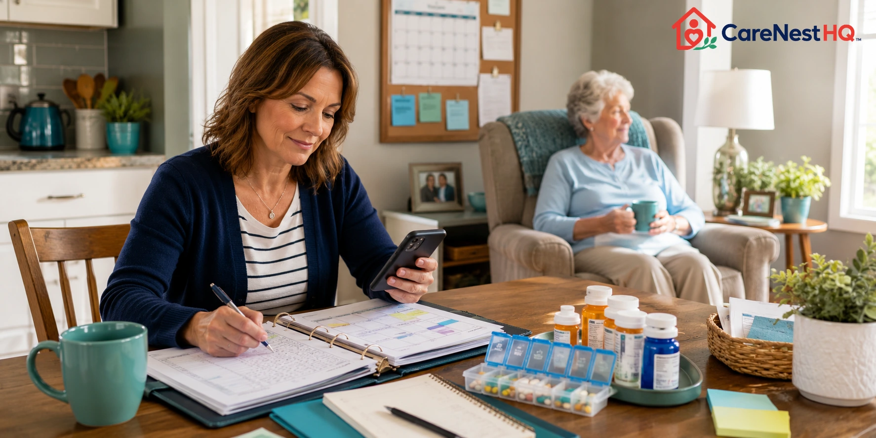 Family caregivers reviewing medical information together
