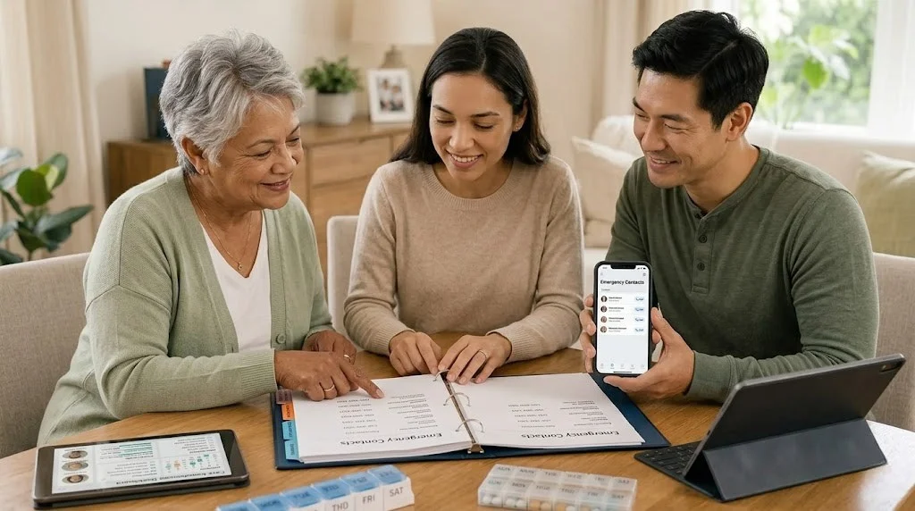 Family caregiver taking an urgent call while reviewing hospital discharge and care documents