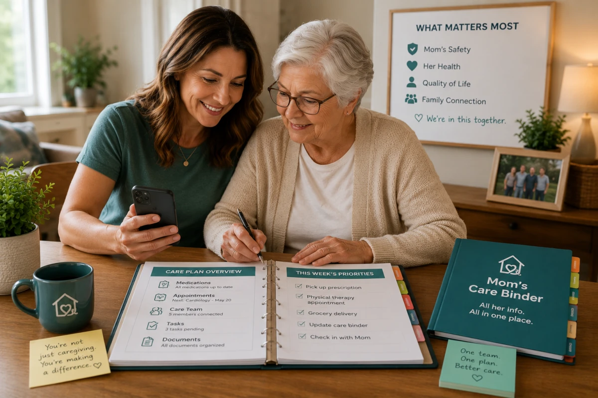Family holding a home care planning meeting to coordinate responsibilities after hospital discharge