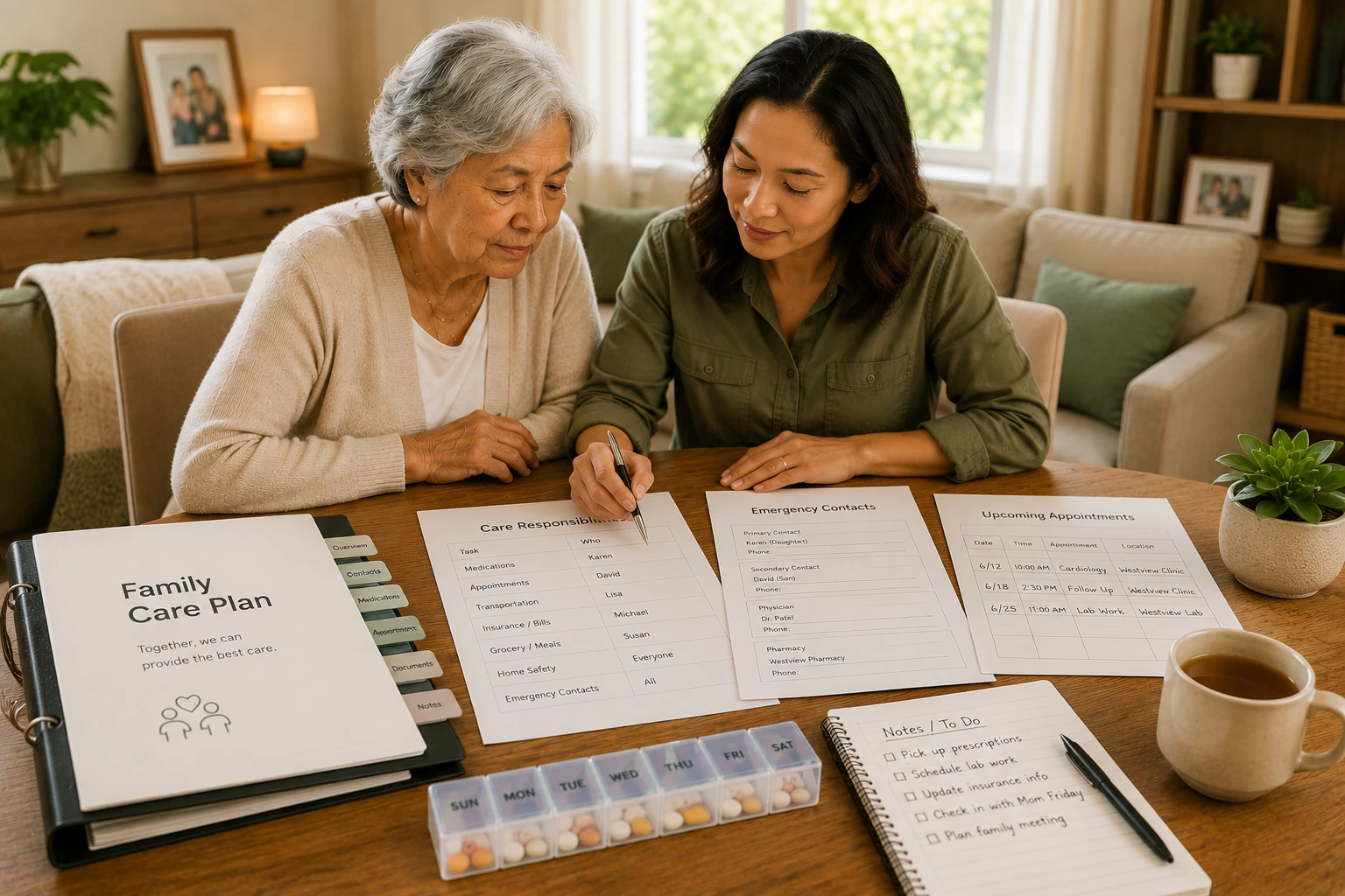 Family caregiver and older parent organizing care responsibilities, medications, appointments, and family care plans together.