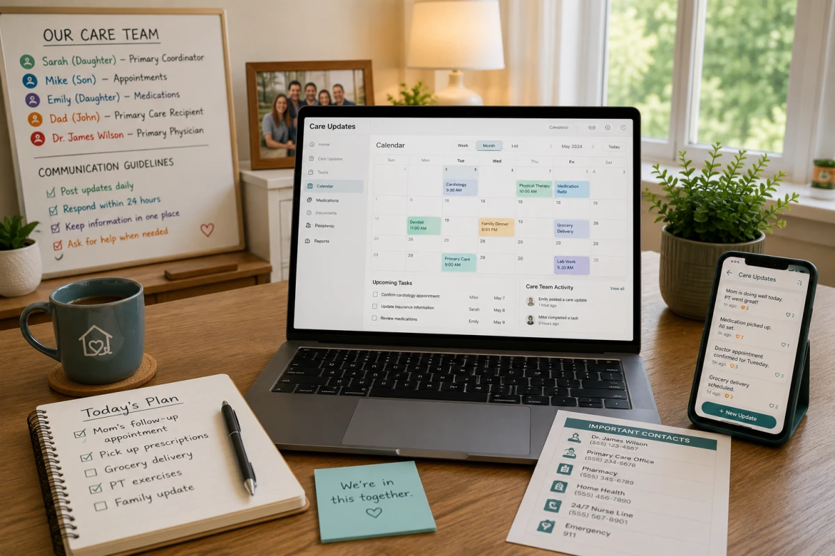 Family reviewing a shared care coordination dashboard to track caregiver responsibilities