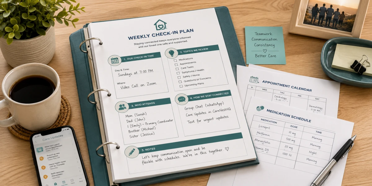 Family caregivers planning weekly hospital discharge coordination tasks at a shared workspace