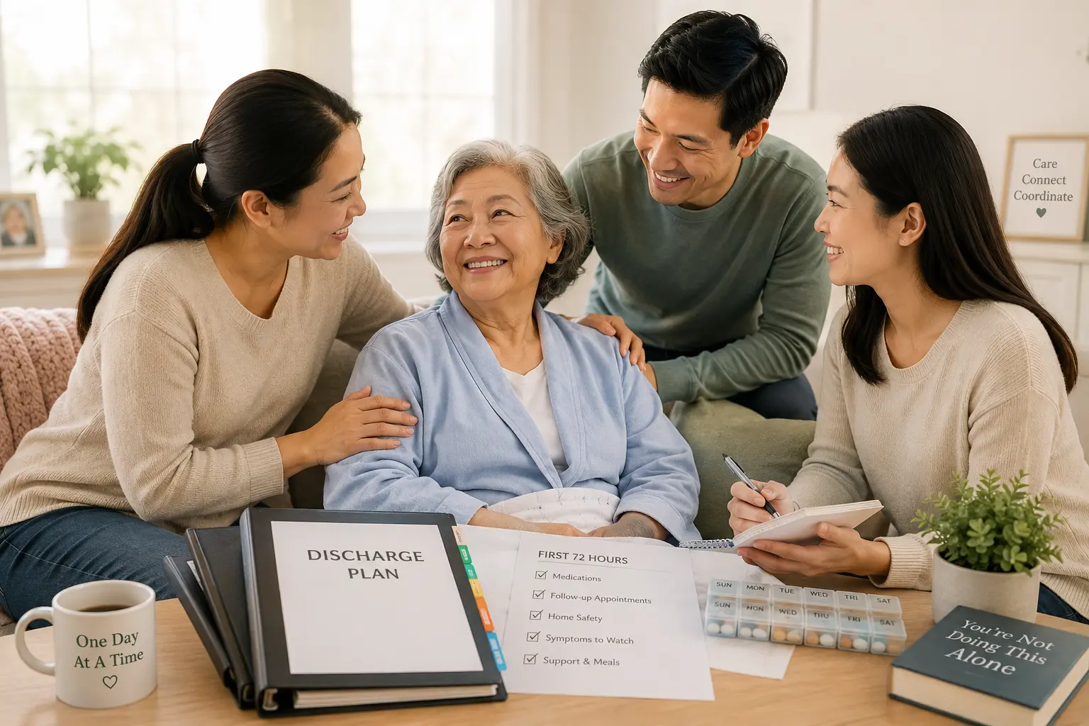 Family supporting an aging parent during care coordination at home