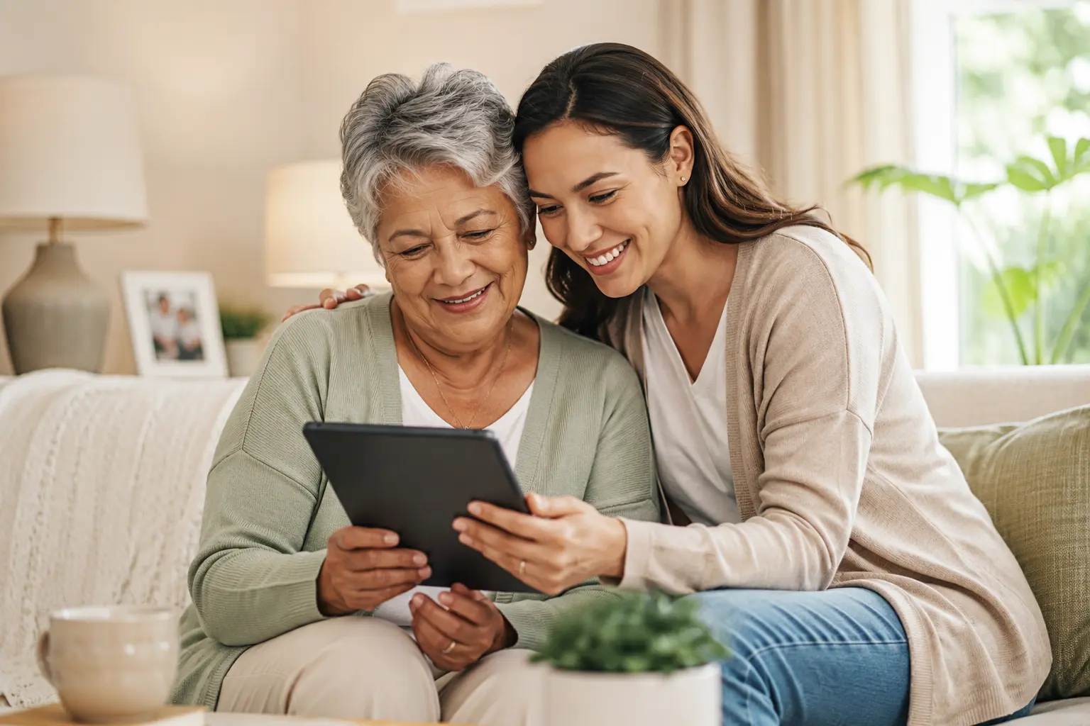 Older woman and adult daughter smiling together while using a tablet in a warm home caregiving setting