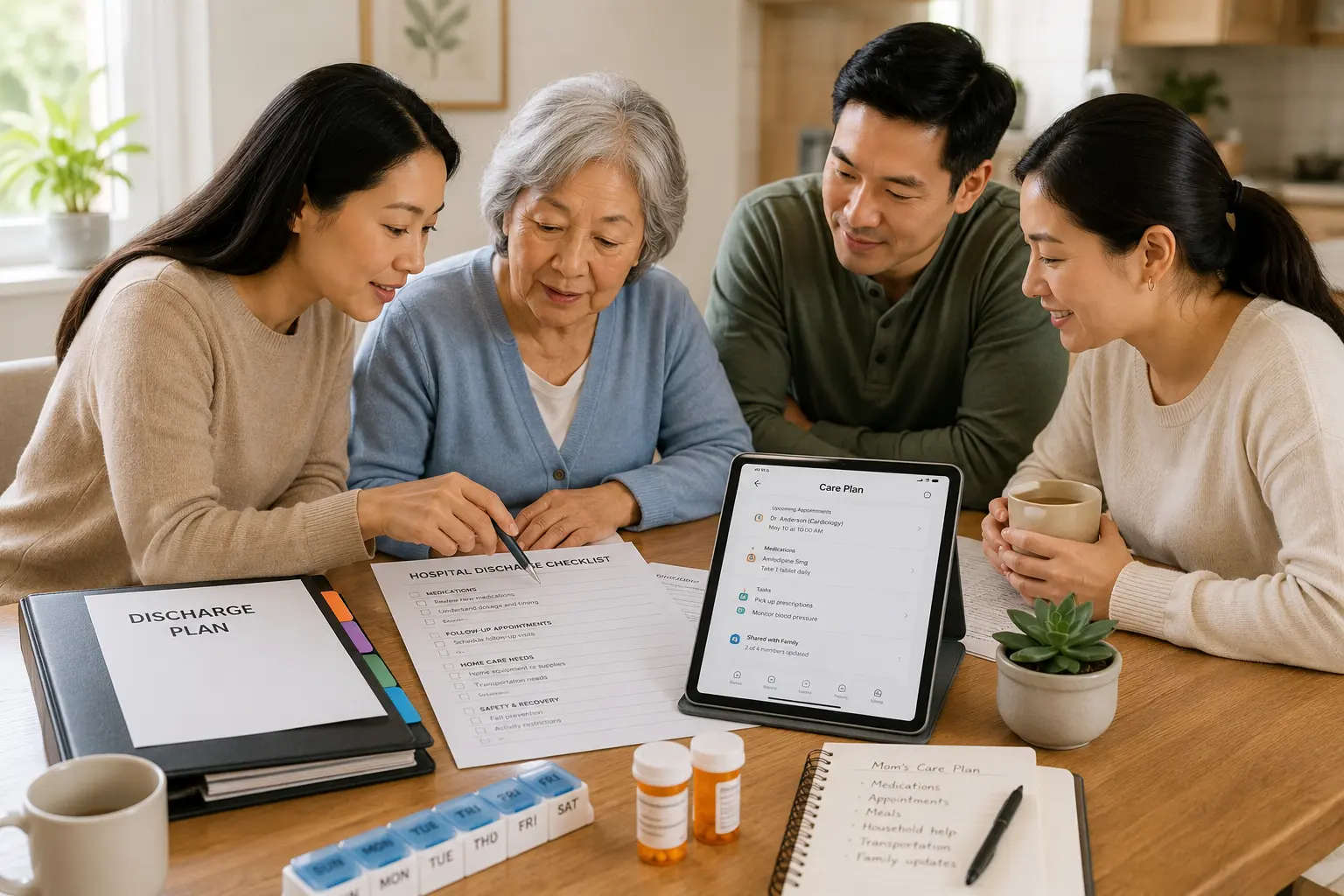 Family members reviewing caregiving plans together at a table