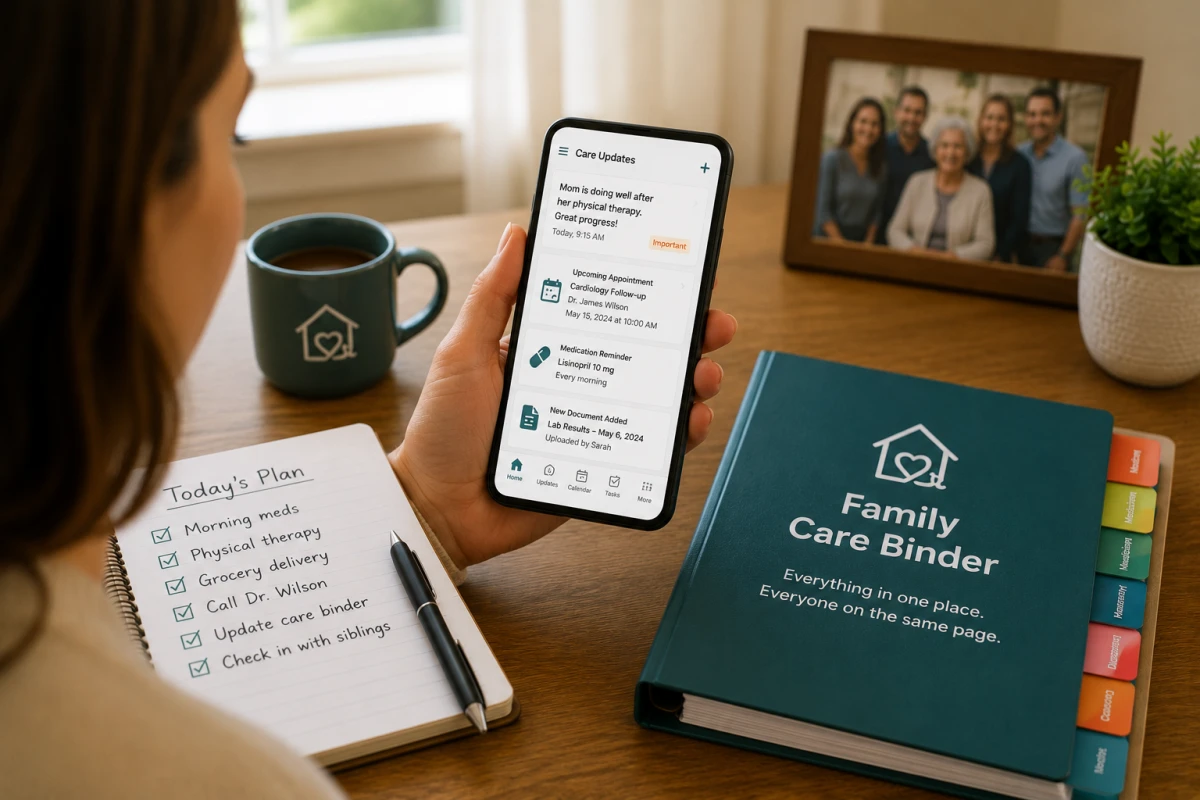 Family caregiver using a mobile care coordination system to manage post-discharge responsibilities