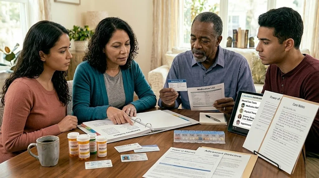 Adult daughter and family members reviewing medical documents and legal paperwork with an aging parent at a kitchen table