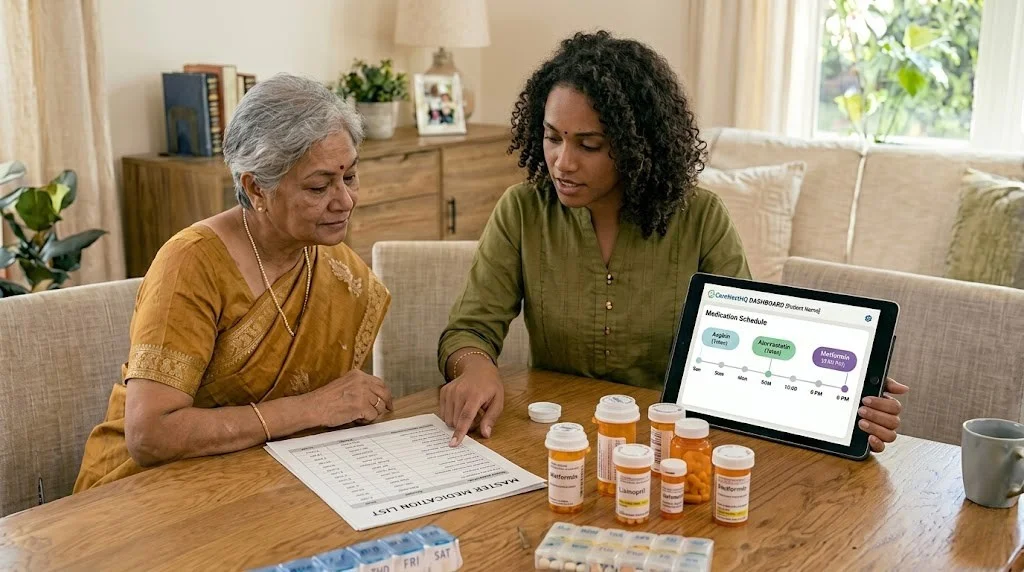 Family caregivers reviewing medication lists together at home after hospital discharge