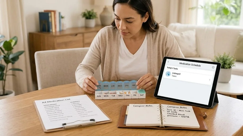 Caregiver using a tablet with a pill organizer to manage medications after hospital discharge