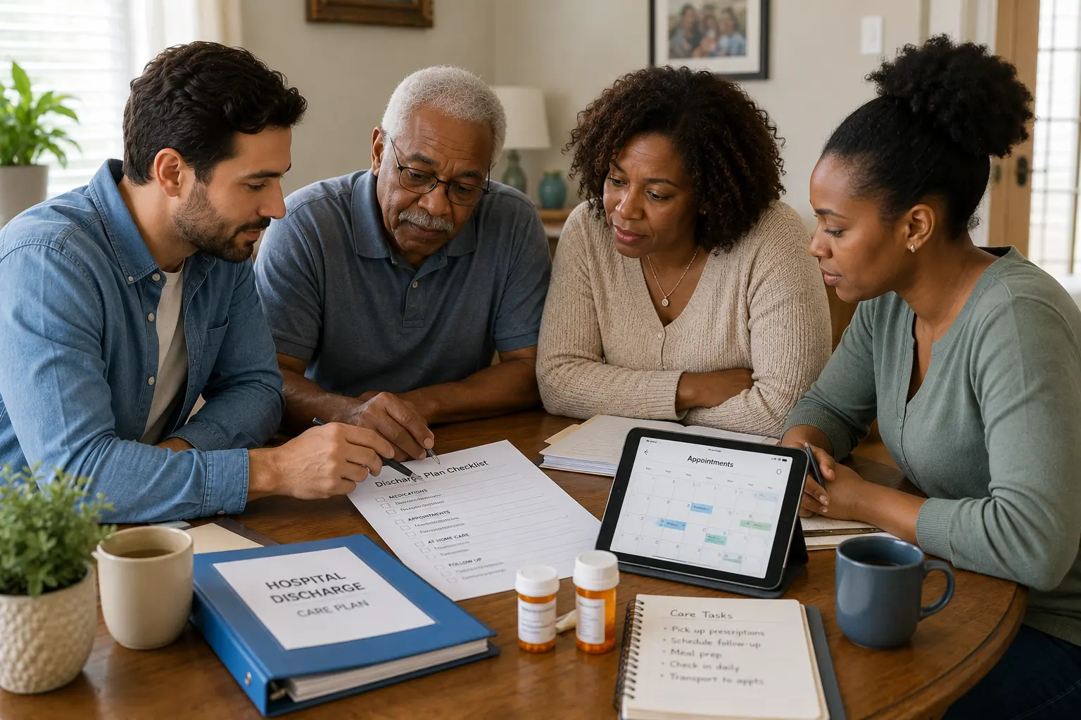 Family coordinating care after hospital discharge with checklist and medications