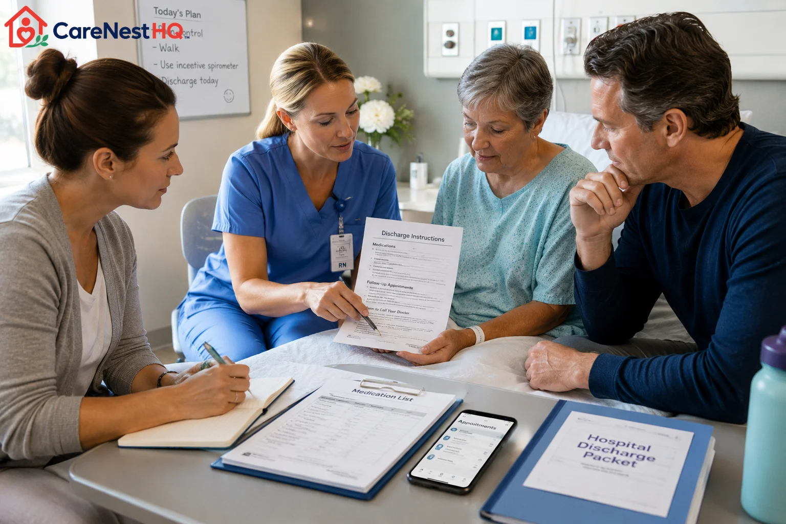 Family caregivers reviewing hospital discharge documents together at a kitchen table