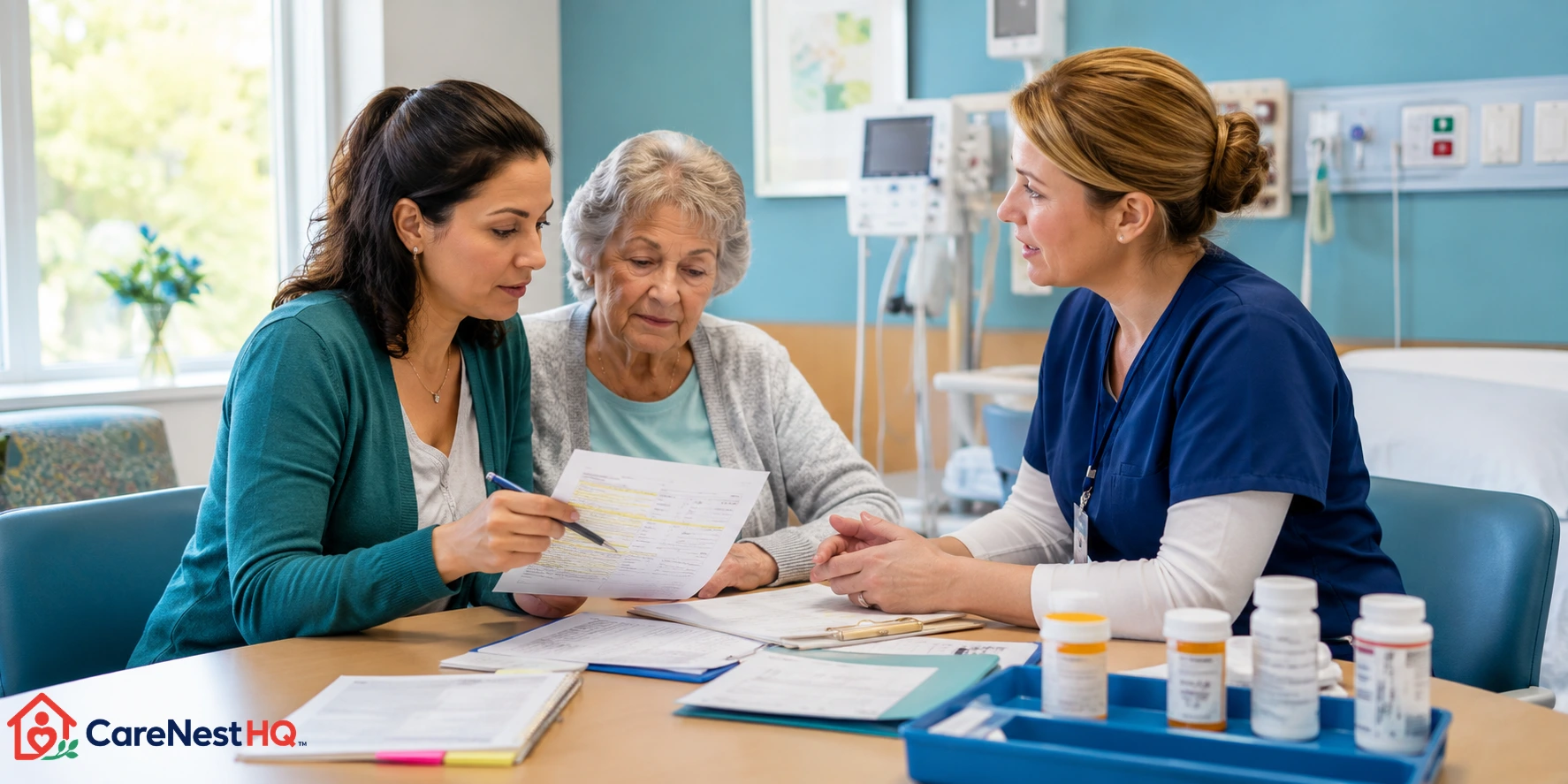 Family reviewing hospital discharge questions and recovery instructions before leaving the hospital