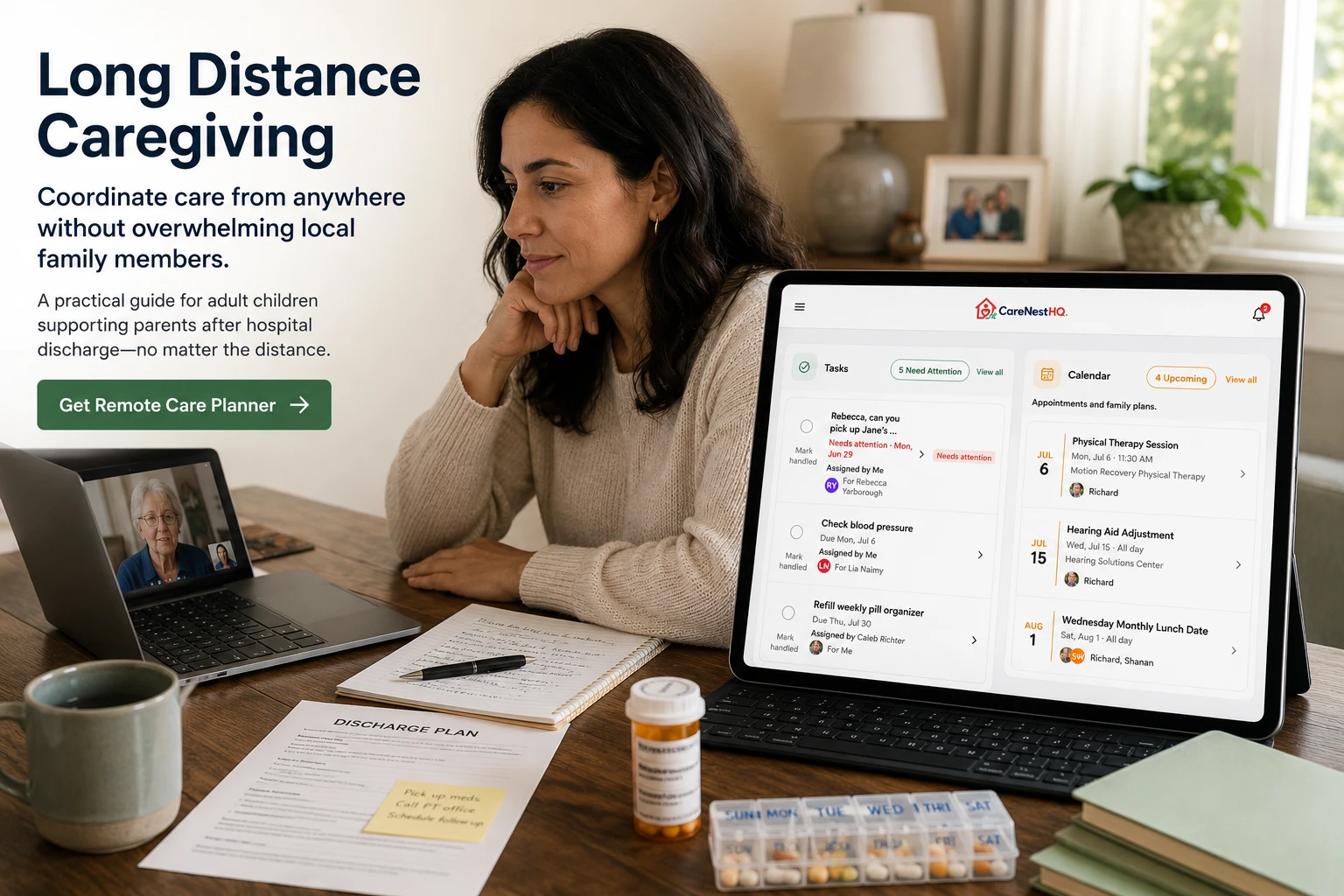 Adult siblings supporting an aging parent together after hospital discharge